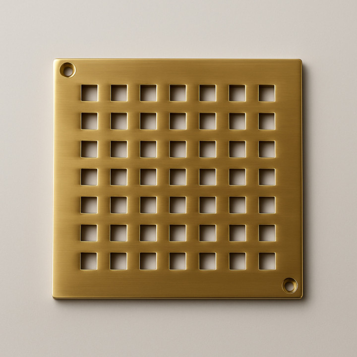 Rejilla de latón 140×140 mm – Acabado bronce | Desagüe de suelo Blücher