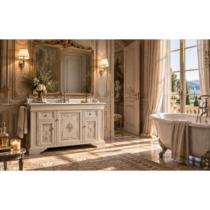 Mobile bagno Ariete 126 cm con legno decorato a mano, marmo