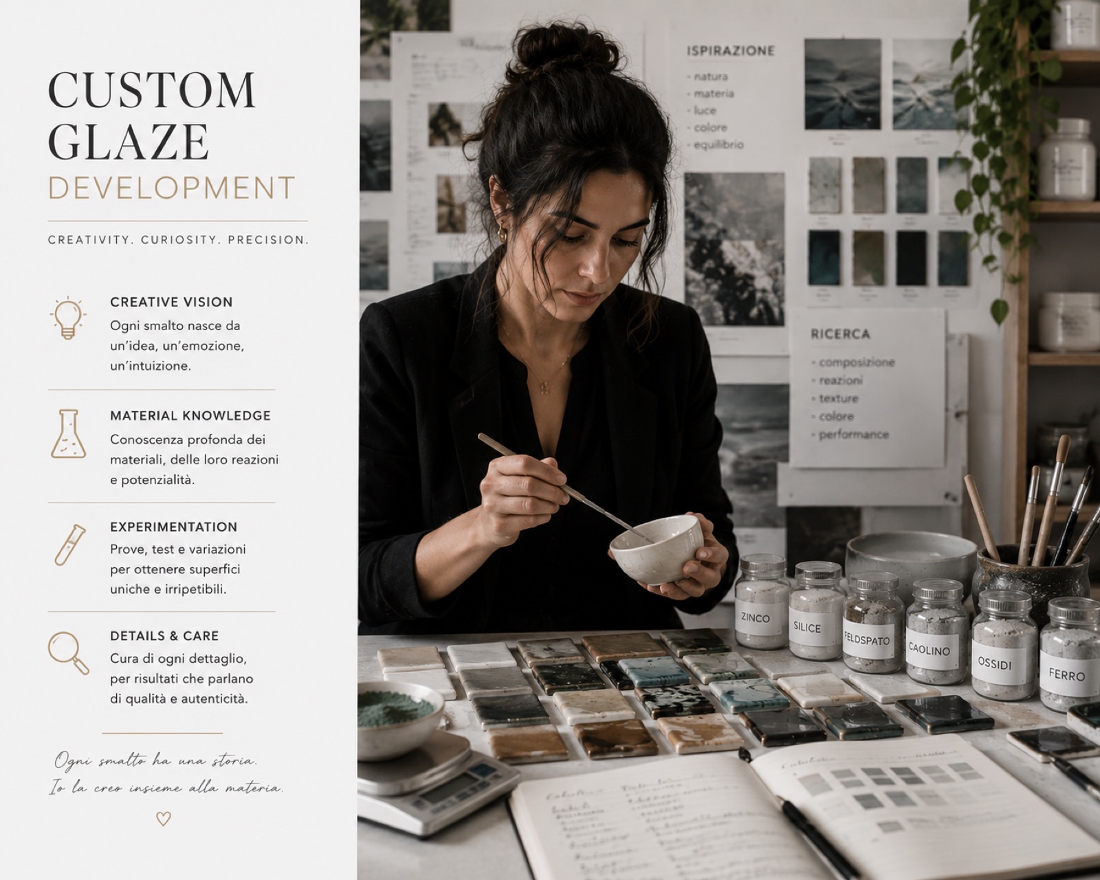 Sviluppo smalto personalizzato: una colorista testa miscele di smalto su piastrelle in ceramica in uno studio, circondata da campioni minerali e mood board