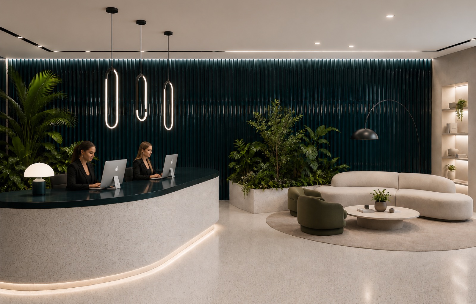 Receptionsdisk i lavasten med grön ribbvägg