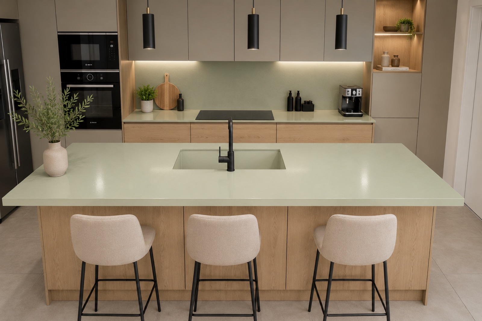 Salviagrön glaserad lavasten köksö i ett minimalistiskt ekkök